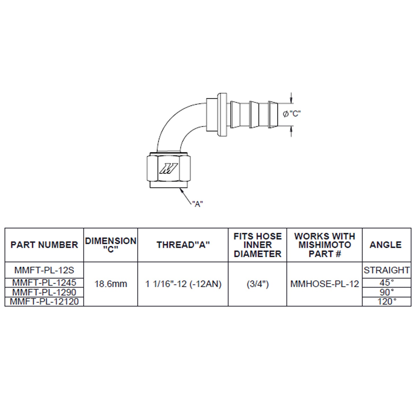 90-Degree Push Lock Fitting, -12AN