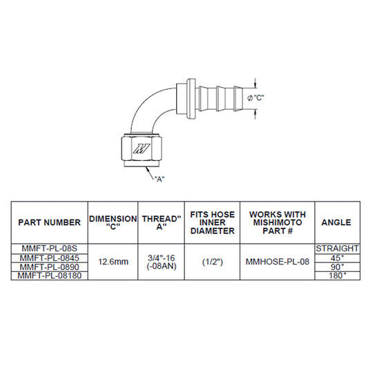 90-Degree Push Lock Fitting, -8AN